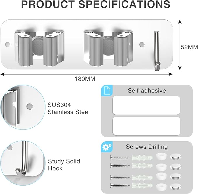 Mop Broom Holder Wall Mounted SUS304 Stainless Steel, Mop Broom Organizer with 2 Installation Methods (No Drilling&Screw Drilling Installation 2 In 1), Mop Hanger Heavy Duty with Hooks, 2PCS-NeatNest