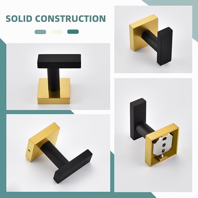 Angle Simple Towel Hook Black & Gold, Stainless Steel Bathroom Towel Holder, Robe Hook, Kitchen Towel Hanger, Wall Mount
