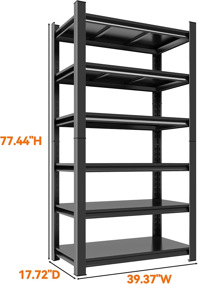 Heavy Duty 6-Tier Metal Garage Shelving, Adjustable Detachable Storage Shelf Units, Steel Rack Shelf for Garage & Workshop – Strong Load-Bearing (Black-77.44H*39.37W, 17.72D-6Tier)