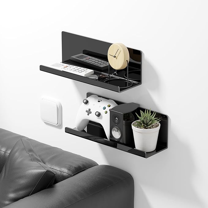 Acrylic Floating Shelves for Wall No Drilling, Self Adhesive Space-Saving Shelves, 12 Inch Floating Shelf Stick on Wall Shelf, for Bathroom, Kitchen, Bedroom, Office, Gaming Room, Black-NeatNest