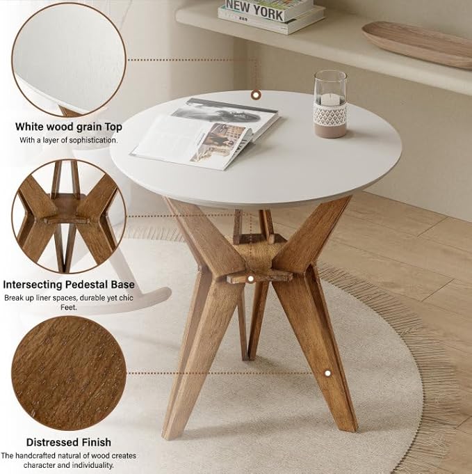 Farmhouse End Table Distressed Wood Side Table with Crisscross Legs and X Legs, Accent Table with White Top and Tripod Base for Living Room, Office, Boho Decor, Modern Rustic, Nature, Round