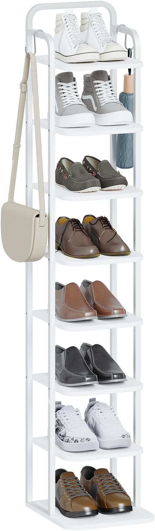 8 Tiers Vertical Shoe Rack, Narrow Shoe Tower, Tall Shoes Shelf with 2 Hooks, Adjustable Shelves, Corner Shoes Shelves for Small Spaces, Entryway, Living Room, White SR04313W-NeatNest