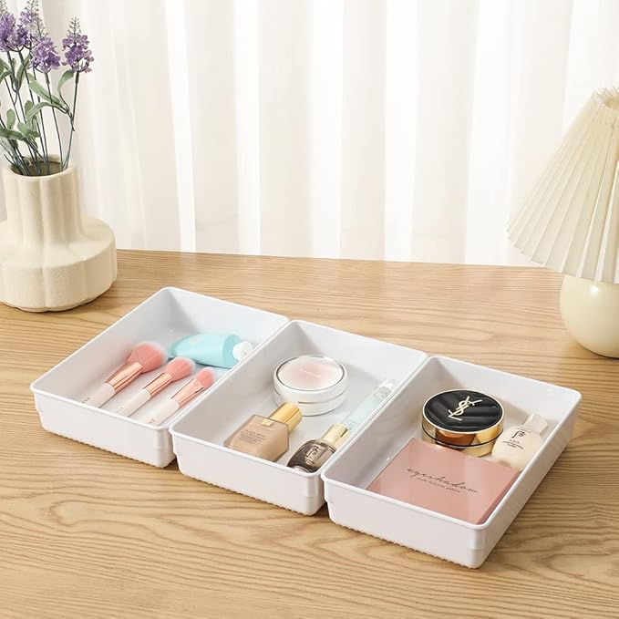 ihomecooker 3 Pack White Plastic Drawer Organizer Tray Cutlery Utensil Makeups Drawer Organizers 9" X 6"-NeatNest