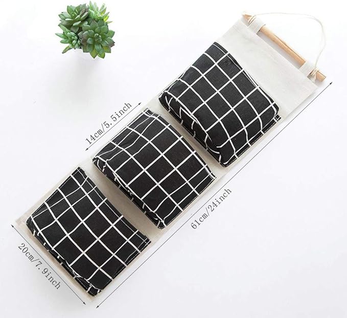 AUHOKY 3Pcs Wall Closet Hanging Storage Bag, Premium Linen Fabric Over The Door Organizer, Hanging Storage Pouches with 3 Pockets for Bedroom Bathroom - Waterproof & Stylish (Black/Gray/White)-NeatNest