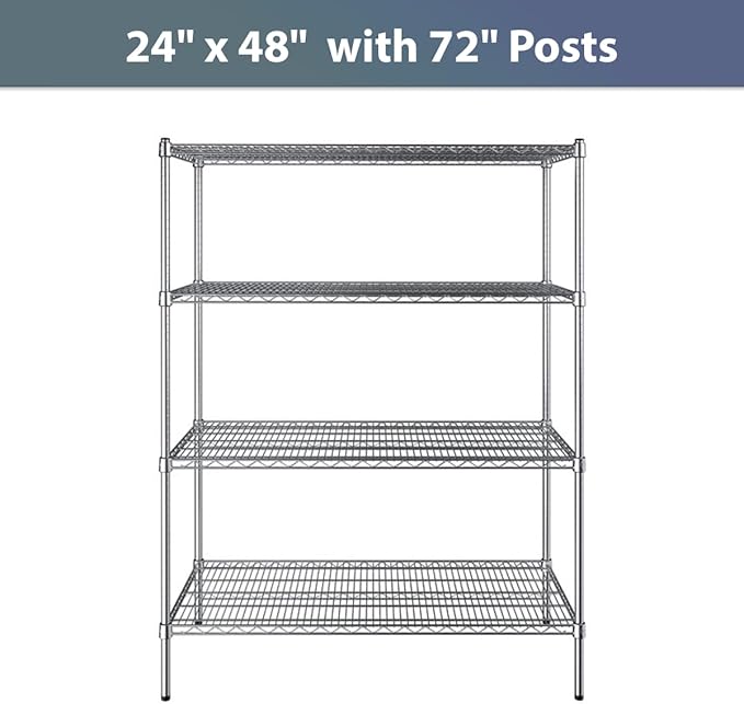 24" x 48" NSF Chrome 4-Shelf Kit with 72" Posts, Commercial Storage Rack Unit, Heavy Duty Storage Shelving, Wire Shelving Kit, Adjustable Rack Strong Steel, Multipurpose Wire Shelf