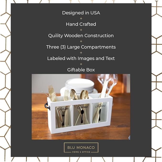 BLU MONACO White Wooden Cutlery & Utensil Caddy – Flatware Organizer Bin for Forks, Spoons, Knives – Perfect for Kitchen Countertop-NeatNest