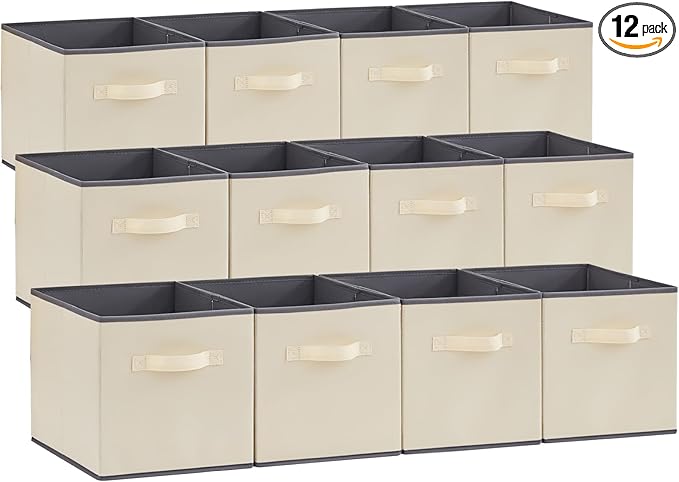 Lifewit 12 Packs Storage Cubes, 11 Inch Cube Storage Bins, Foldable Decorative Fabric Storage Baskets for Organizing Home Organizers with Handles for Shelves, Closet,Beige