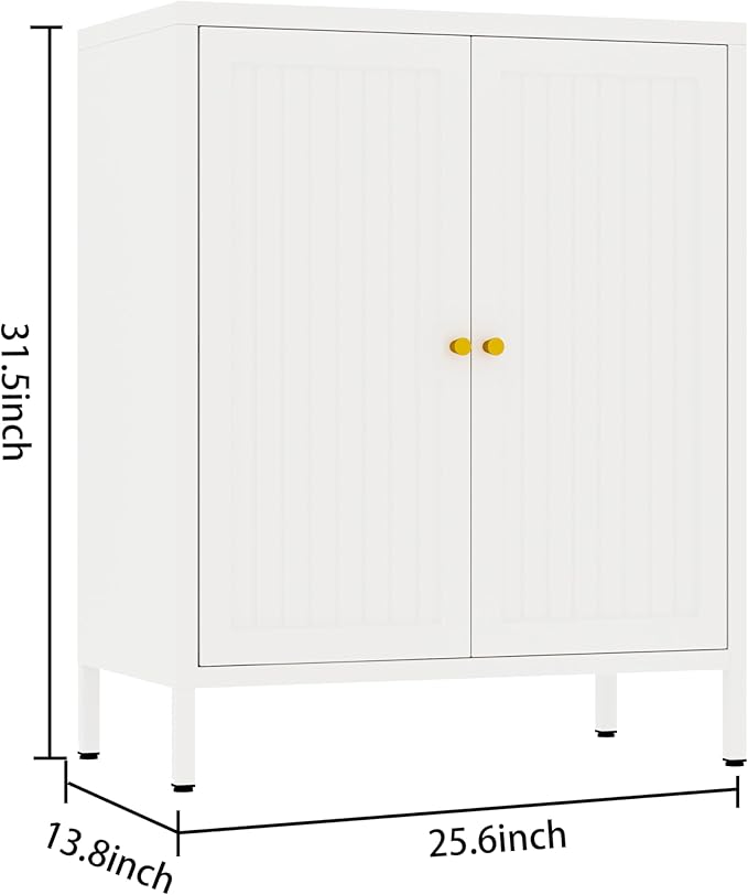 2 Door Metal Accent Cabinet, Small Sideboard, Locker Style Accent Storage Cabinet with Doors and Adjustable Shelves for Home, Office, Living Room, Kitchens (Stripe Door, White)