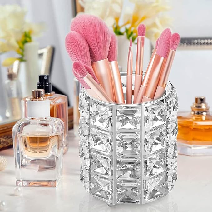 AKOAK 1 Pack Crystal Makeup Brush Holder Office Supplies Storage Rack Eyebrow Pencil/Lipstick/Pencil Makeup Container, Dressing Table, Bedroom, Office (White)-NeatNest