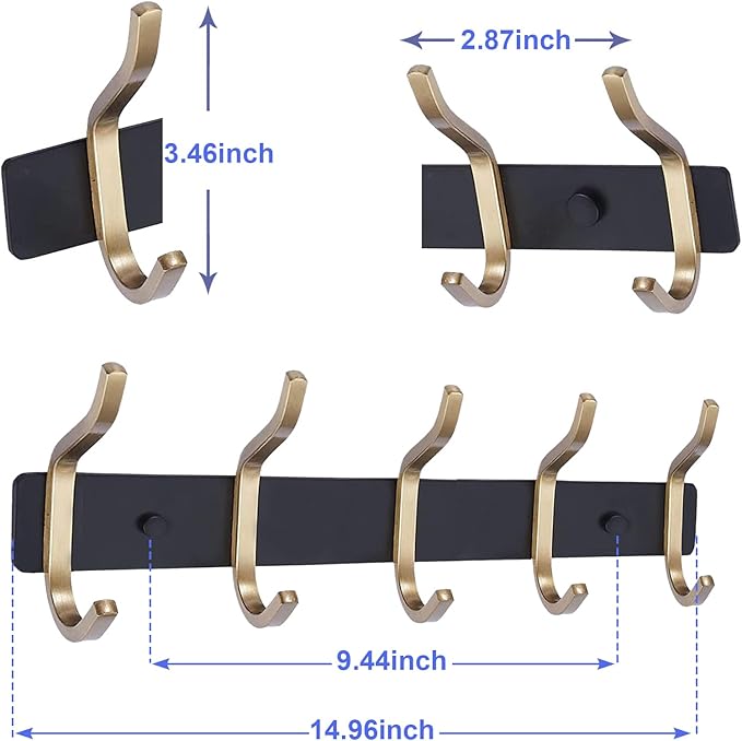 AZW Coat Rack Wall Mount,Heavy Duty Stainless Steel Metal Coat Hooks Hanging for Robes Bags Keys Hat Clothes and Bathroom Door Towels Hanger(Black and Gold 5 Hooks)-NeatNest