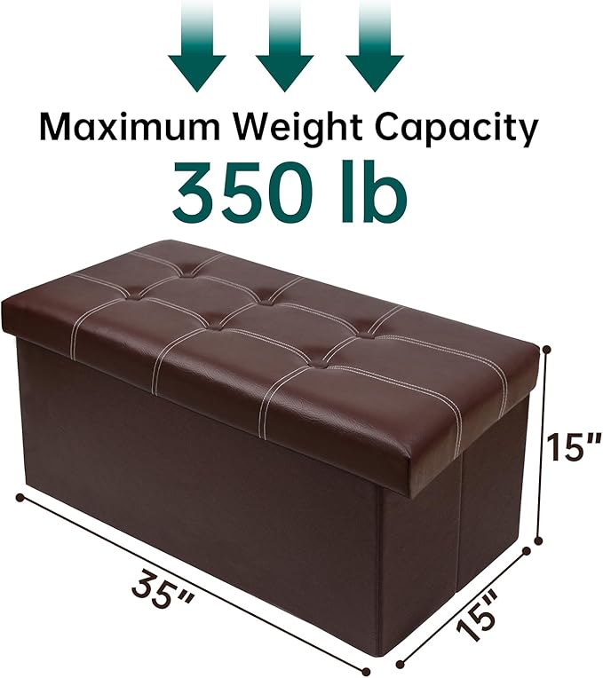 30 Inches Folding Storage Ottoman Bench, Faux Leather Footrest Ottoman, Storage Trunk Footrest for Bedroom, Living Room and Hallway, Support 350lbs, Brown White line