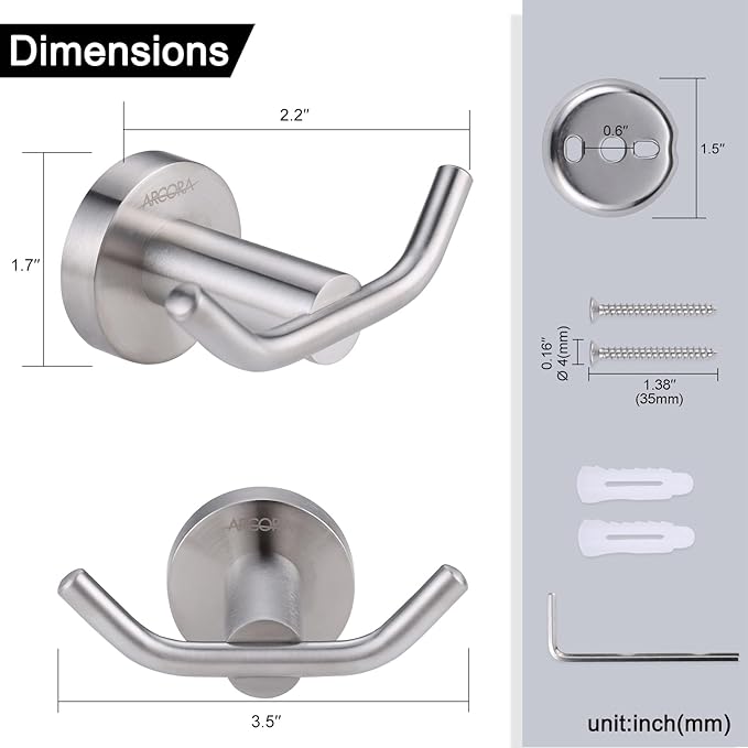 ARCORA Towel Hook 1 Pack, Robe Hooks Brushed Nickel, Heavy Duty Wall Hooks SUS 304 Stainless Steel, Coat Hooks for Bathroom Bedroom