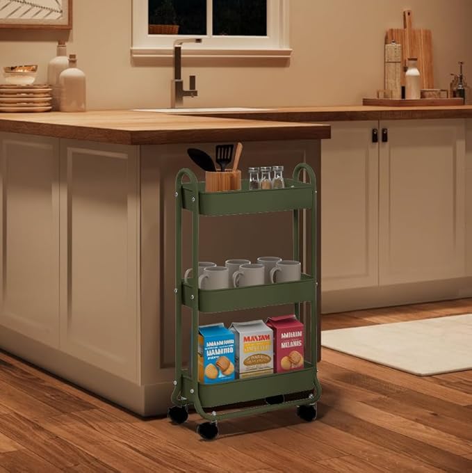 SunnyPoint Slim Rolling Storage Cart, 3 Tier Bathroom Storage Organizer Bathroom, Laundry Utility Cart (Army)-NeatNest
