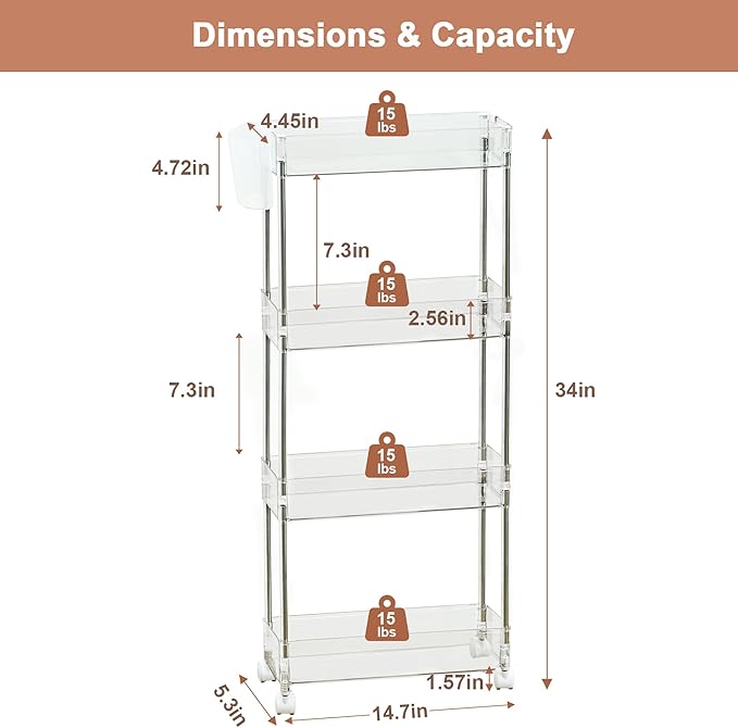 VECELO Acrylic 4-Tier Rolling Cart, Slim Utility Cart for Storage, Mobile Storage Cart with Lockable Wheels Hooks&Bucket for Office,Kitchen,Laundry Room Bathroom Living Room, Clear