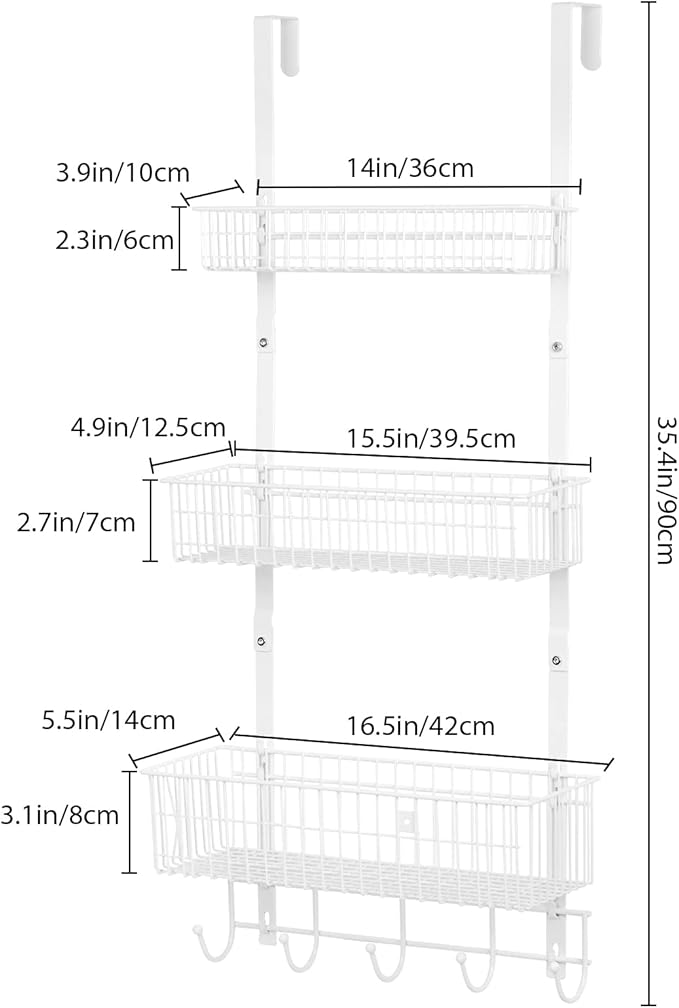 YBING Over The Door Organizer with Hooks Door Hanger Towel Rack with 3 Mesh Baskets Back of Door Hanging Shelf Organizer Behind Door Pantry Organizer for Bathroom Bedroom White