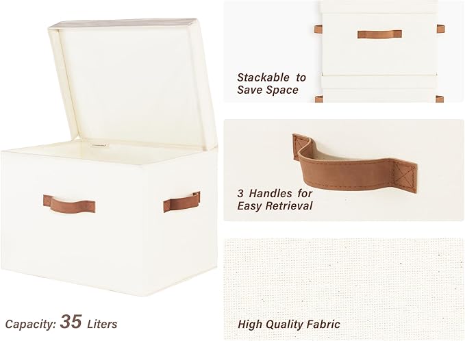 StorageWorks Fabric Storage Bins with Lid, Decorative Storage Boxes for Shelves, Stackable Closet Organizer Basket with Handles, Jumbo, Ivory White, 2-Pack-NeatNest