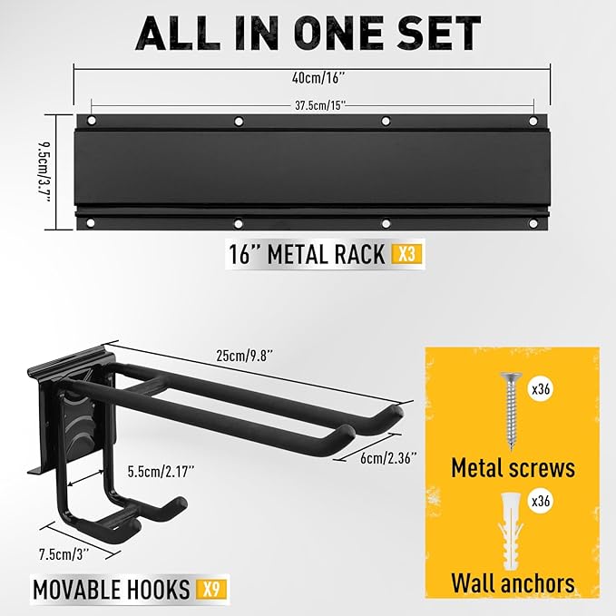 ELEAD 48 Inches Garage Storage, Garage Organization, Garden Tool Organizer Wall Mount, 9 Adjustable Heavy Duty Metal Hooks, Holds Up to 730 lbs, Yard Tool Organizer for Garden, Yard, and Shed