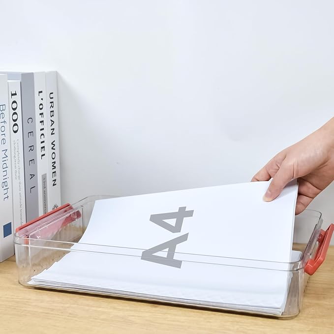 Lemical Clear File Box with Lids Portable Project Case for Storage A4 File Folder Box Stackable Storage Containers for Organizing 8.5 X 11 Paper, Magazines, Stamps, Photos, Cards (Red)