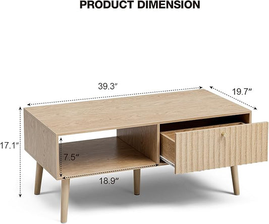 Coffee Table with Storage, Boho Dining Table with Fluted Drawer and Solid Wood Legs, Small Coffee Tables for Living Room, Oak-NeatNest