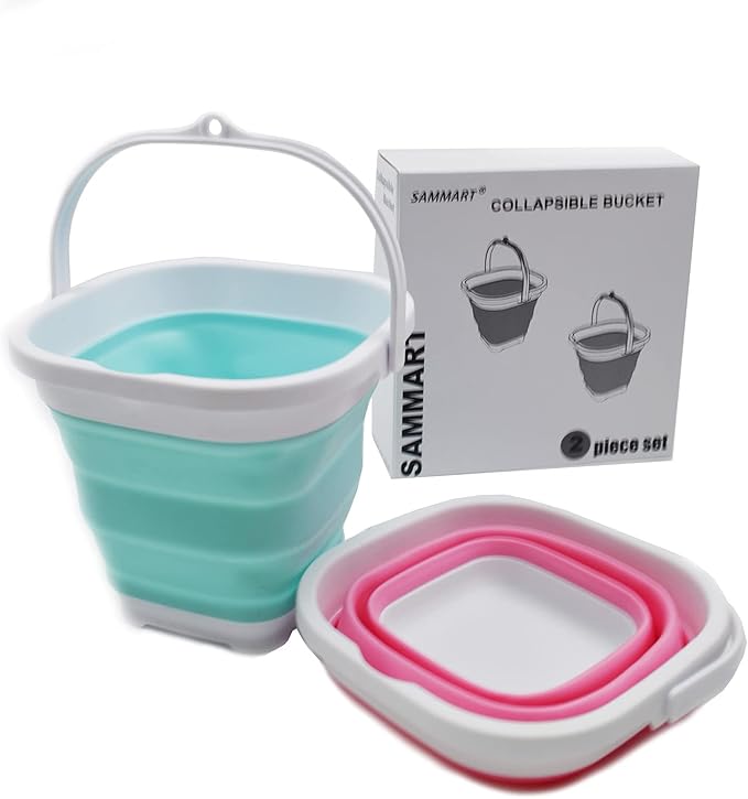 SAMMART 2.6L (0.68 Gallon) Super Mini Sqare Collapsible Plastic Bucket - Foldable Square Tub - Portable Fishing Water Pail - 2 Pieces Box Pack (Lake Green & Pink)