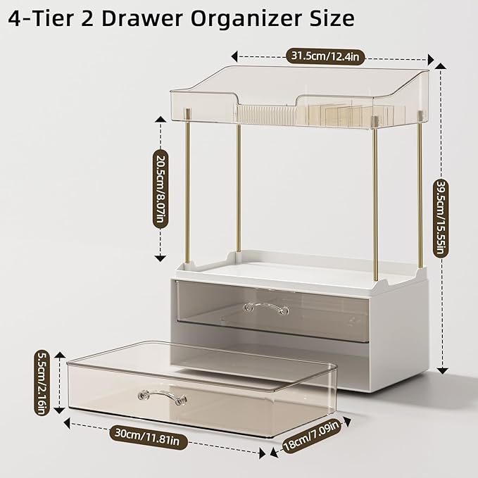 4-Tier 2-Drawer Bathroom Organizer Counter Organization, Multi-Purpose Makeup Skincare Organizers with Compartment, Easy to Install, Exquisit Vanity Shelves, Amber