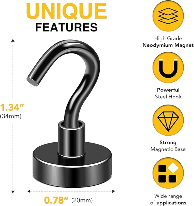 DIYMAG Black Magnetic Hooks, 50 LB Heavy Duty Strong Magnets with Hooks, Strong Rare Earth Neodymium Magnet Magnetic Hooks for Cruise Cabins Cruise Ship Essentials 8 Packs-NeatNest