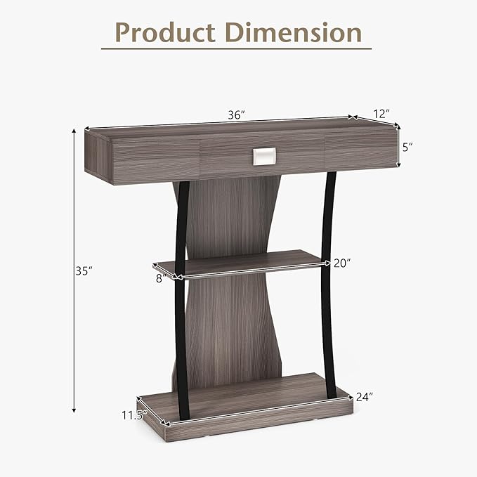 Giantex Narrow Console Table T-Shaped - Behind Couch Table with Drawer, Shelves, Dual Anti-Tipping Kits, Modern Foyer Table, Sofa Side Table for Living Room, Entryway, Hallway, Entry Table (Gray)-NeatNest
