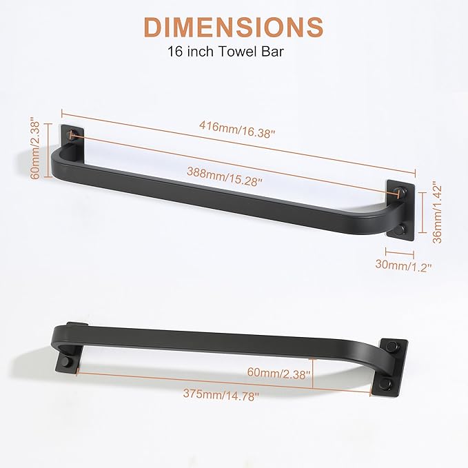 Bathroom Towel Bar, 16 inch Towel Racks for Bathroom Wall Mounted, SUS304 Stainless Steel Heavy Duty Towel Holder Bathroom Accessories Modern Home Decor, Matte Black Finished