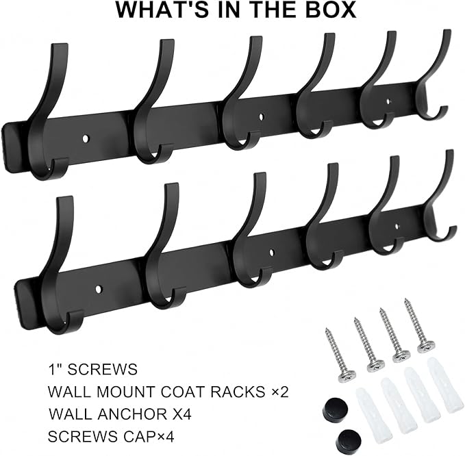 Coat Rack Wall Mounted,6 Coat Hooks for Hanging Coats,Metal Double Hook Rack Hook Rail,Coat Rack with Hooks,Wall Mount Coat Hanger for Hat Towel Purse Robes (2 Pack Black, 6 Hooks)-NeatNest