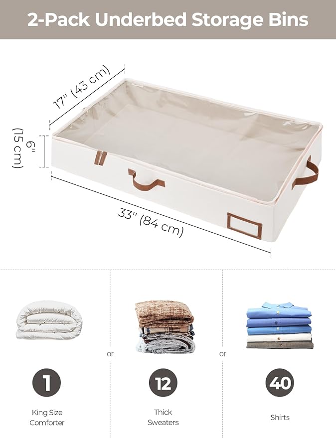 StorageWorks Large Under Bed Storage Containers with Handles and Label Holder, 2 Pack Ultra-thick Fabric Underbed Bins, Closet Organizer for Clothes, Blankets, Sweater-NeatNest