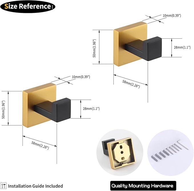GERZWY Bath Single Coat Hook Stainless Steel Wall Mounted Robe Clothes Hook for Bathroom Modern Style (Black & Gold) FG1607-2BD