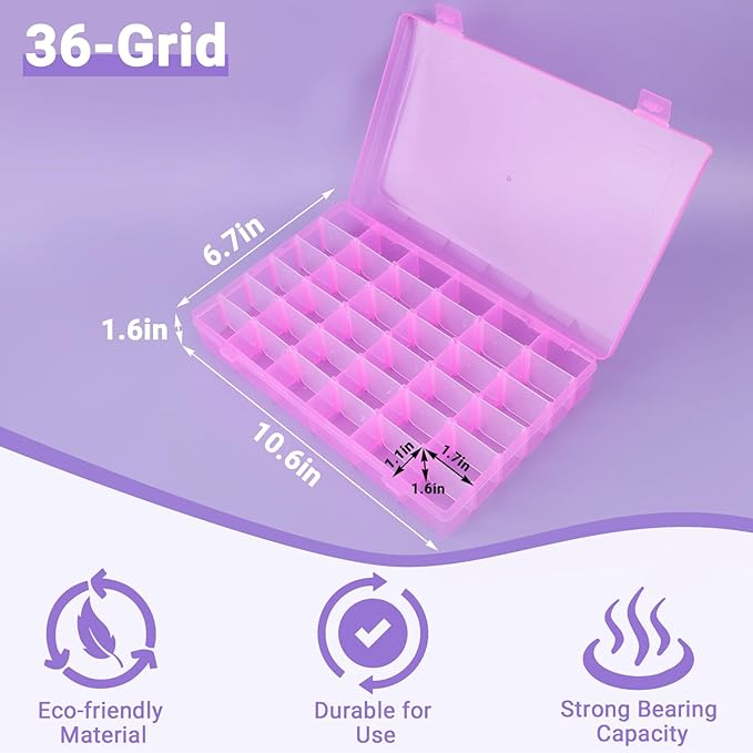False Nail Container, Cosics Bright Pink 36-Gird Plastic Nail Art Organizers Storage Box with Adjustable Dividers, False Jewelry Diamonds Charms Nail 3D Decorations Manicure Accessory Holder Case-NeatNest