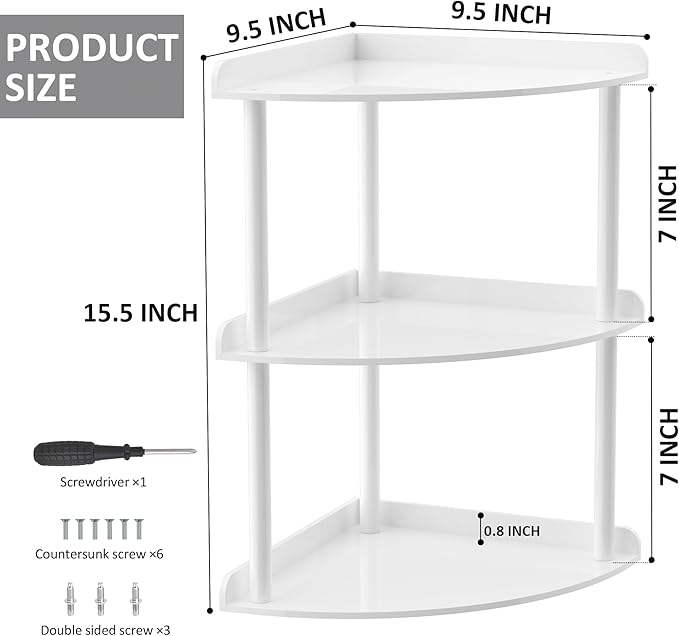 3 Tier Acrylic Corner Shelf Organizer Storage 9.5x9.5x15.7 Inch, White Countertop Corner Shelf for Bathroom, Kitchen, Bedroom, Office, Study Room-NeatNest