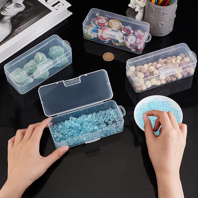 BENECREAT 4 Packs Rectangle Plastic Container Box, 6.4x2.6x1.8inch Clear Storage Organizer with Hinged Lid and Hanging Hole for Small Craft Accessories Office Supplies-NeatNest
