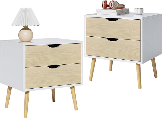 End Table Set of 2 with Storage Drawers, Modern Small Sofa Side Table, Nightstand Accent Wooden Bedside Table with Solid Wood Legs for Living Room,White/Oak