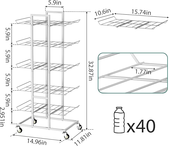 5 Tier Water Bottle Organizer with Wheels Bottled Water Storage Rack 16.9 oz Water Bottle Holder Metal Soda Can Organizer for Kitchen, Office, Pantry Room, Silver-NeatNest
