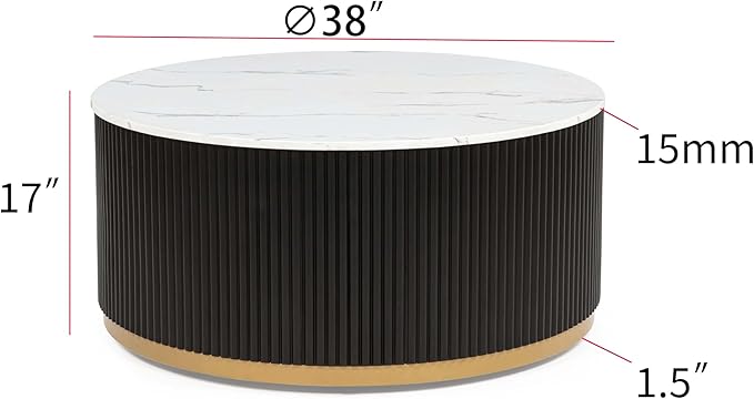 kevinplus ΓΈ38'' Faux Marble Top Coffee Table Round Circle Coffee Table with Wheel for Living Room, Modern Luxurious Wooden Base Gold-Finished Style, Easy Assembly, Black & Gold & White