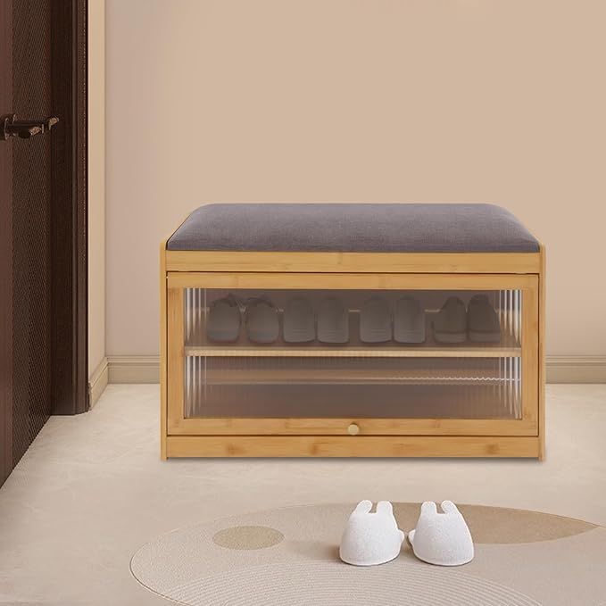 Eapmic Shoe Storage Bench, Entryway Shoe Rack Bench with Padded Seat Cushion, 2-Tier Shoe Cabinet, Bamboo Shoe Organizer for Hallway Bedroom Living Room Front Door (Burlywood, 27.56 * 12.6 * 16.53in)