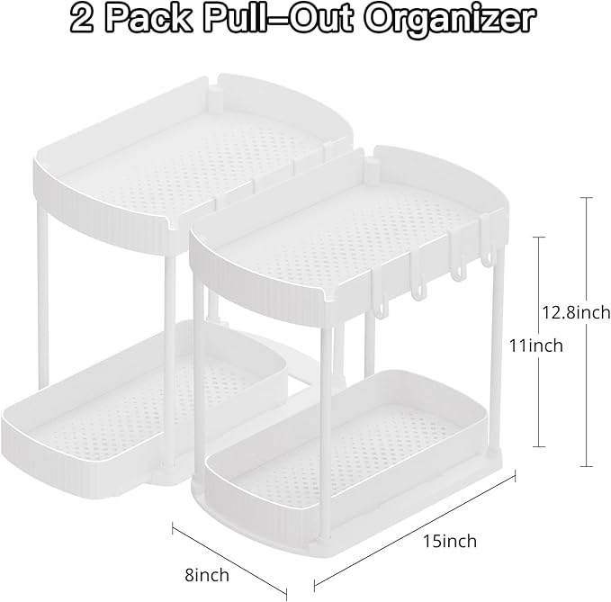 2 Pack Multi-Purpose Pull-Out Storage Organizers, Under Sink & Cabinet Storage, 12.8 Inch, White-NeatNest