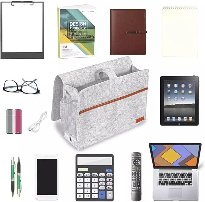 Bedside Caddy,Felt Bedside Storage Organizer, Hanging Storage for Dorm Bed Sofa for tablet Magazine Phone Remotes and Water Bottle Holder (Light Grey)-NeatNest
