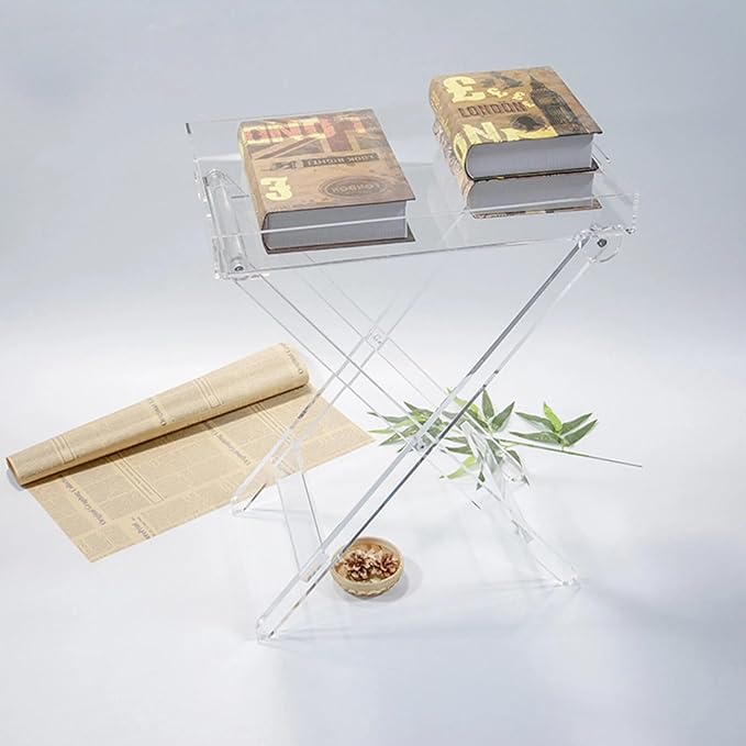Foldable Acrylic Table,19in X-Shaped Stand Foldable Tray Table,Tv Snack Tray,Clear Tone,Load Capacity 7kg/15.5 Lbs,for Small Space, Fit Indoor Dining/Place The Computer. (Clear)