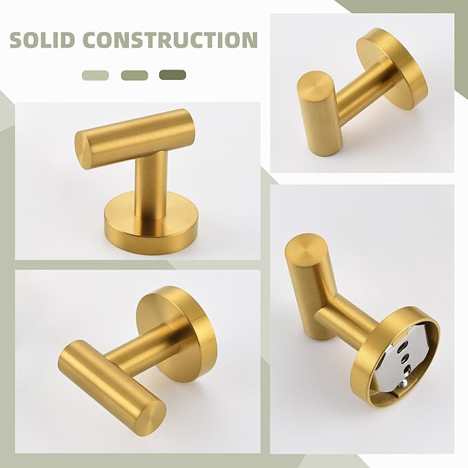 Angle Simple Bathroom Towel Hook 2 PCS, SUS304 Stainless Steel Bath Towel Robe Coat Holder, Heavy Duty Wall Hook, Brushed Gold