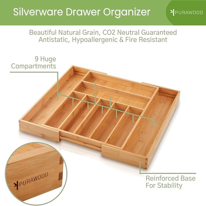 Bamboo Drawer Organizer, 2 Pack - Expandable Silverware Organizer & Utensil Drawer Organizer, Cutlery Tray with Dividers, 7-9 Slots- Premium Kitchen Organizer for Utensils & Flatware (Natural)-NeatNest