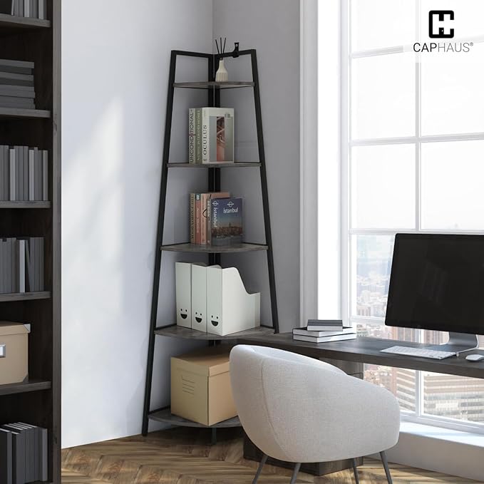 CAPHAUS Tall Corner Shelf Stand, 4-Tier Display Shelves, Ladder Corner Wood Storage Plant Bookshelf with Metal Frame, Versatile Shelving Unit Bookcase for Home Office Space, Dark Grey-NeatNest