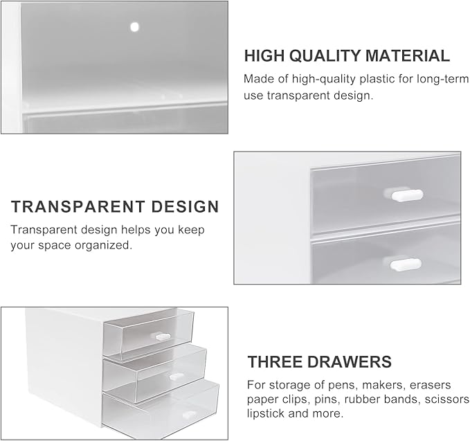 Desk Organizer with Drawer, Desk Storage Box, Plastic Office Stationery Supplies Organizers, Desktop Organizer for Office School Home (3 drawer, White)-NeatNest