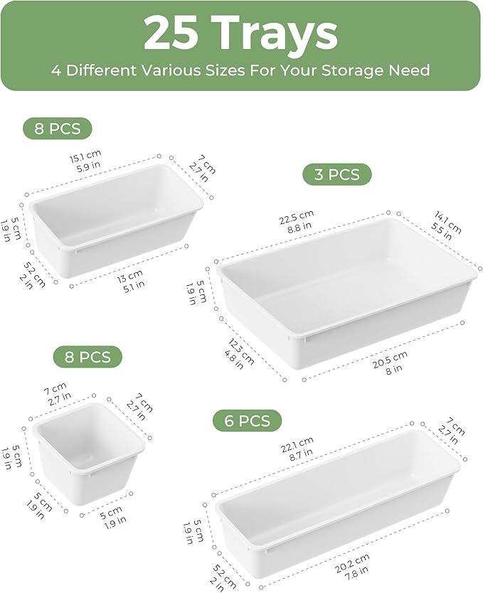 25 PCS Plastic Drawer Organizers Set, 4-Sizes Vanity and Makeup Organizer, Desk and bathroom Drawer Organizer Trays, Organizers and Storage for Makeup, Jewelry, Gadgets, Utensils (White)-NeatNest