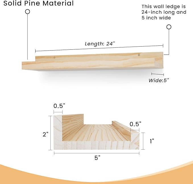 Floating Shelves for Wall, 24 inch Solid Wood Picture Ledge Shelf, Picture Shelf for Wall with Ledge, Floating Book Shelves for living room Bedroom Kitchen Nursery Decor, Natural Unfinished, Set of 2-NeatNest