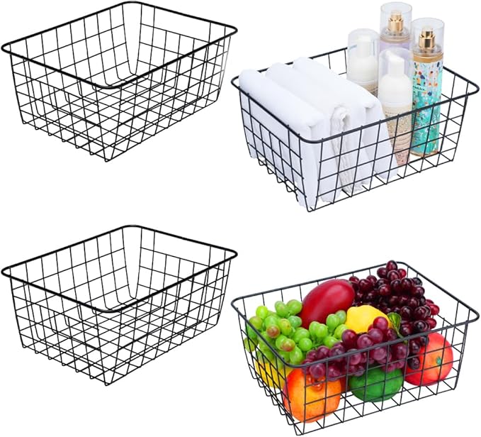Kitchen Wire Baskets Farmhouse Decor Metal Food Storage Organizer, Household Refrigerator Bin with Built-in Handles for Cabinets,Pantry Set of 4 (Black)