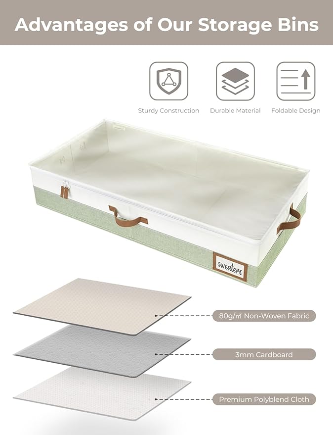 StorageWorks Large Under Bed Storage Containers with Handles and Label Holder, 2 Pack Ultra-thick Fabric Underbed Bins, Closet Organizer for Clothes, Blankets, Sweater-NeatNest