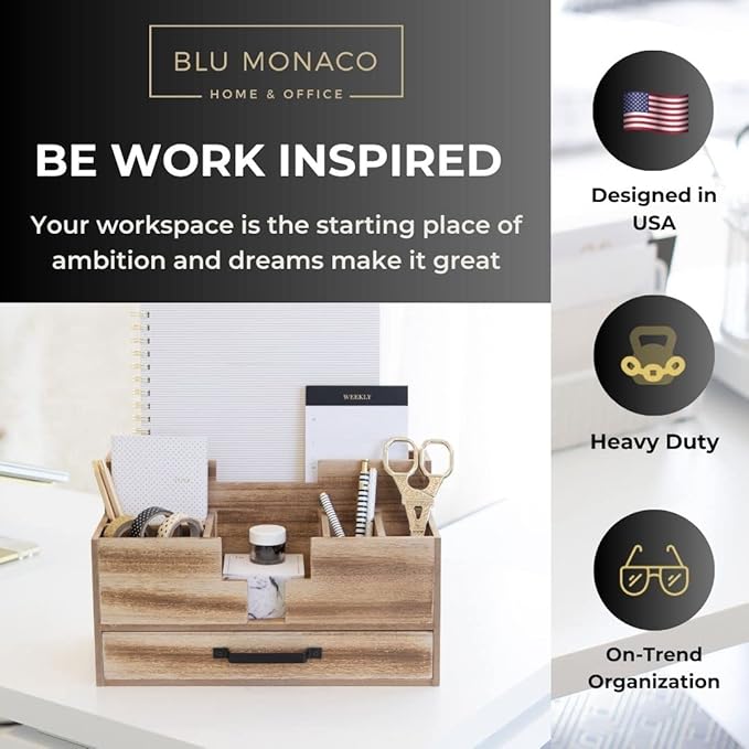 BLU MONACO Natural Wooden Office Supplies Desk Organizer with Drawer - Accessories for Women - Desktop Organization - Organization for Desk - Home Office Supplies Organizer-NeatNest